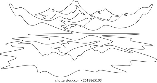 Continuous one line drawing mountain peak. A high mountain is reflected in a mountain lake. The landscape is reflected in the water.One continuous line isolated minimal illustration.Not AI.