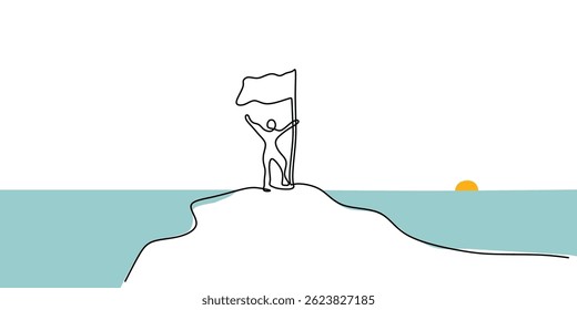 Continuous One Line Drawing Mountain Top Flag. Success goal achievement vector minimalist illustration icon art.