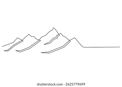 Continuous one line drawing of Mountain range landscape. Single line drawing illustration of Mountain. Luxury scenic landscape concept vector art. Doodle line illustration.