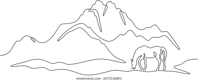 Uma linha contínua desenhando paisagem de montanha. Cavalo na natureza. Parque Nacional. Símbolo do ano de 2026. Uma linha contínua isolada ilustração mínima.Não AI.