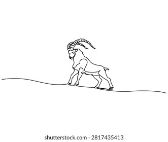 Continuous one line drawing of mountain goat. One line drawing illustration of mountain goat. Wild life concept single line. Editable outline