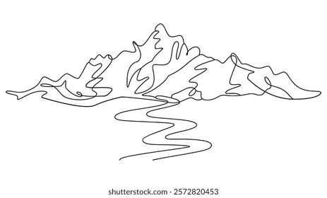  Continuous one line drawing Mountains landscape view, One continuous line drawing of mountain range landscape. Web banner with mounts in simple linear style.