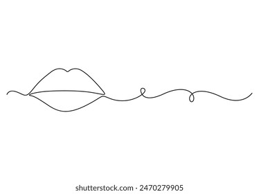 Continuous one line drawing of mouth and lips. Concept symbol of makeup and lipstick in simple linear style. Mascot icon for posters, cards, banner. Vector illustration 