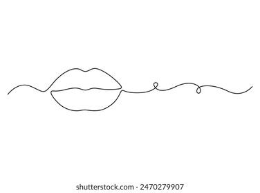 Continuous one line drawing of mouth and lips. Concept symbol of makeup and lipstick in simple linear style. Mascot icon for posters, cards, banner. Vector illustration 