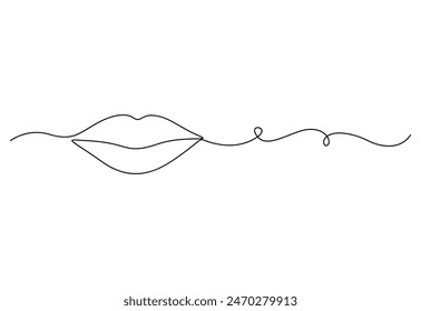 Dibujo continuo de una línea de boca y labios. Símbolo conceptual de maquillaje y lápiz labial en estilo lineal simple. Icono de mascota para carteles, tarjetas, Anuncio. Ilustración vectorial 