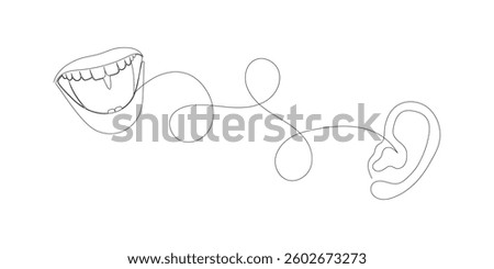 Continuous one line drawing of mouth that speaks into the ear. Concept of secrets and gossip or news and propaganda. Vector illustration.
