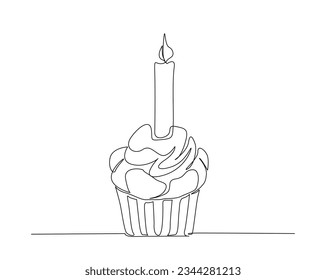 Continuous one line drawing of muffin cake. Cupcake - birthday cake with candle outine vector illustration.  