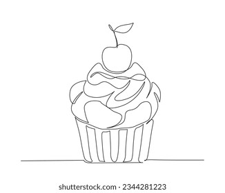 Continuous one line drawing of muffin cake. Cupcake with cherry outine vector illustration.  
