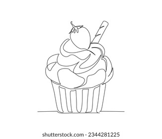 Continuous one line drawing of muffin cake. Cupcake with stawberry and chocolate stick outine vector illustration.  
