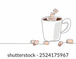 Continuous one line drawing the mug filled with chocolate drink and marshmallows. Enhances taste and texture in mouth. Sweet. National Hot Chocolate Day. Single line draw design vector illustration