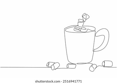 Continuous one line drawing the mug filled with chocolate drink and marshmallows. Enhances taste and texture in mouth. Sweet. National Hot Chocolate Day. Single line draw design vector illustration