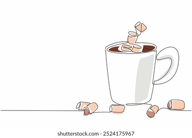 Uma linha contínua desenhando a caneca cheia de chocolate e marshmallows. Melhora o sabor e a textura na boca. Doce. Dia Nacional do Chocolate Quente. Ilustração de vetor de design de desenho de linha única