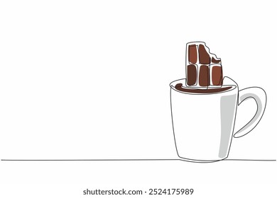 Continuous one line drawing mug containing chocolate drink and chocolate bar. A drink and a snack at the same time. Relaxing. National Hot Chocolate Day. Single line draw design vector illustration