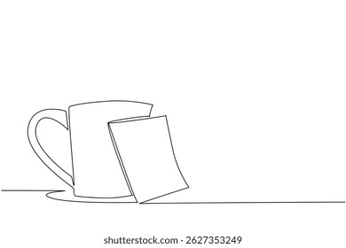 Continuous one line drawing mug glass with memo paper attached. Still make time to drink plenty during busy times. A glass of hot coffee. National Memo Day. Single line draw design vector illustration