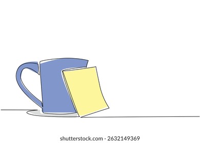 Continuous one line drawing mug glass with memo paper attached. Still make time to drink plenty during busy times. A glass of hot coffee. National Memo Day. Single line draw design vector illustration