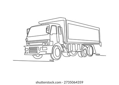 Continuous one line drawing multi-axle tipper dump truck. Massive bulk material transport construction projects and industrial earthmoving services. Single line draw design vector graphic illustration