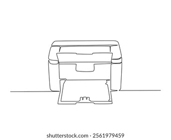 Continuous one line drawing of multifunction inkjet printer. Office printing device in single line draw vector illustration. Editable line vector. 