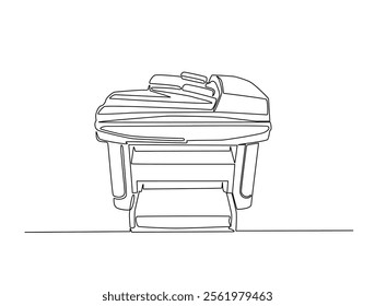 Continuous one line drawing of multifunction inkjet printer. Office printing device in single line draw vector illustration. Editable line vector. 