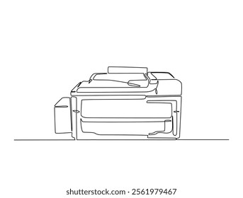 Continuous one line drawing of multifunction inkjet printer. Office printing device in single line draw vector illustration. Editable line vector. 