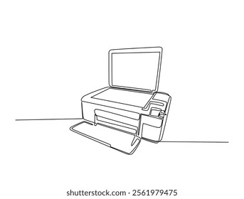 Continuous one line drawing of multifunction inkjet printer. Office printing device in single line draw vector illustration. Editable line vector. 