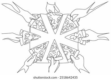 Uma linha contínua desenhando várias mãos alcançando para fatias de pizza. Diversão, amizade e celebração compartilhadas. Juntos. Dia Nacional da Pizza. Ilustração de vetor de design de desenho de linha única