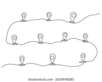 Continuous one line drawing of multiple location pins connected by a single unbroken line, symbolizing travel or pathfinding. Vector Editable stroke