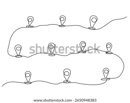Continuous one line drawing of multiple location pins connected by a single unbroken line, symbolizing travel or pathfinding. Vector Editable stroke
