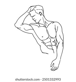 Continuous One Line Drawing of Muscular Male Figure. Man Body Nude Drawing. Nude One Line Abstract Portrait. Minimalist Design. Vector EPS 10.	
