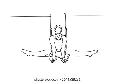 Uma linha contínua desenhando musculoso ginasta masculina exercitando-se em anéis de ginástica no moderno clube de saúde. Atleta ginasta realizar acrobacias em roupas esportivas. Ilustração gráfica vetorial de design de desenho de linha única