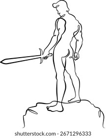 Kontinuierliche eine Linie Zeichnung Muskulöse Mann mit einem Schwert in der Hand. Silhouette eines Kriegers. Eine durchgehende Linie isoliert minimale Illustration.Nicht AI.