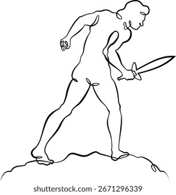 Continuous one line drawing Muscular man with a sword in his hand. Silhouette of a warrior. One continuous line isolated minimal illustration.Not AI.