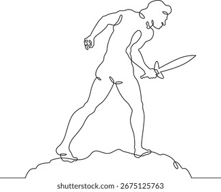 Dibujo continuo de una línea Hombre musculoso con una espada en la mano. Silueta de un guerrero. Una línea continua aislada mínima ilustración. No AI.