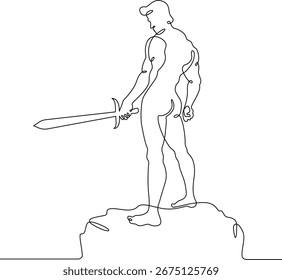 Kontinuierliche eine Linie Zeichnung Muskulöse Mann mit einem Schwert in der Hand. Silhouette eines Kriegers. Eine durchgehende Linie isoliert minimale Illustration.Nicht AI.