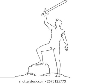 Dibujo continuo de una línea Hombre musculoso con una espada en la mano. Silueta de un guerrero. Una línea continua aislada mínima ilustración. No AI.
