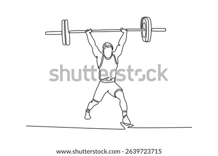 Continuous one line drawing muscular fitness man doing clean and jerk barbell over his head in gym. Functional weightlifting training. Snatch exercise. Single line design vector graphic illustration