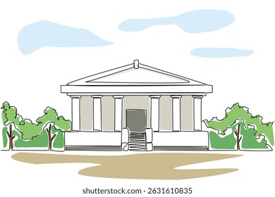 Edificio continuo de un museo de dibujo de una línea. Un lugar para relajarse con la familia. Vacaciones mientras aprendes sobre historia. Lugar famoso. Día Internacional de los Museos. Ilustración vectorial de diseño de dibujo de línea única