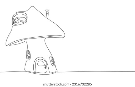 Casa de hongos de una línea continua. Clíparte de la silueta dibujada a mano por el vector de hongos del hogar de hadas. Esbozo aislado en fondo blanco