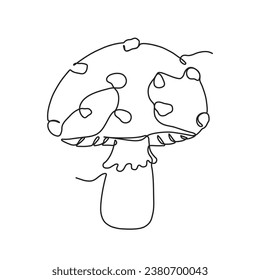 Continuous one line drawing of mushroom. Hand drawn amanita isolated on white background. Linear style. Vector illustration