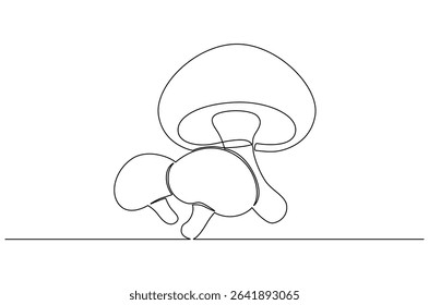 Continuous one line drawing of Mushroom. Single line drawing illustration of Mushroom growing on field. Mushroom in nature concept vector art. Doodle line illustration.