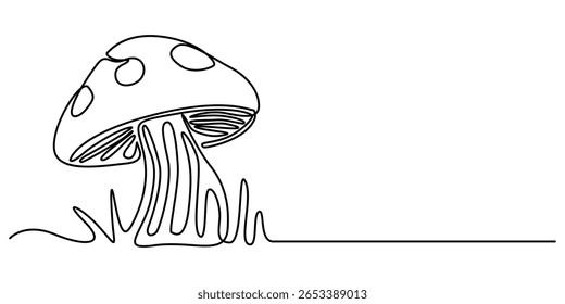  Continuous one line drawing of mushroom. Vector illustration, Mushroom continuous one line drawing of outline vector minimalist linear illustration, One line Champignon vector background.