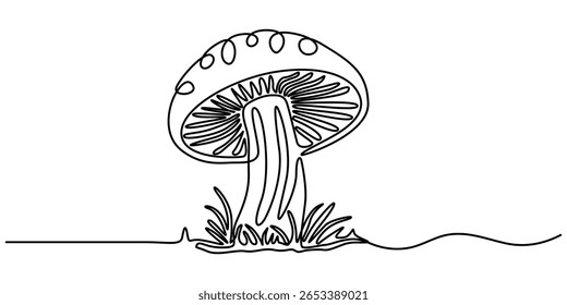  Desenho contínuo de uma linha de cogumelo. Ilustração vetorial, desenho contínuo de uma linha de Cogumelo da ilustração linear minimalista do vetor de contorno, fundo vetorial de Champignon de uma linha.