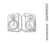 Continuous one line drawing music system speakers with icon logo. Musical equipment grunge image of speaker flat design elements banner poster. Single line draw design vector graphic illustration