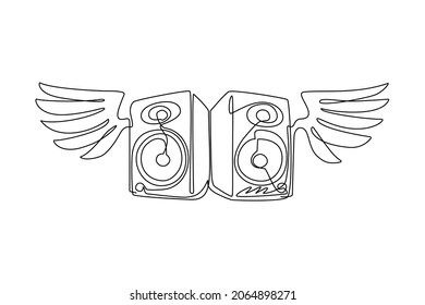 Continuous one line drawing music system speakers with wings icon logo. Musical equipment grunge image of speaker with wings flat design elements. Single line draw design vector graphic illustration