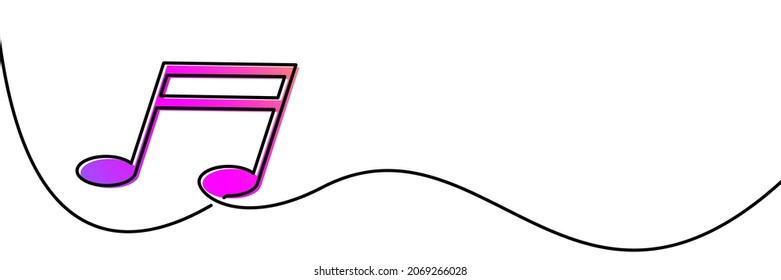 Continuous one line drawing of music note. Pink and purple gradient. Vector illustration.