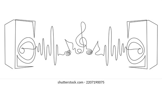 Continuous one line drawing of music column, treble clef and notes as line drawing on white background. Vector