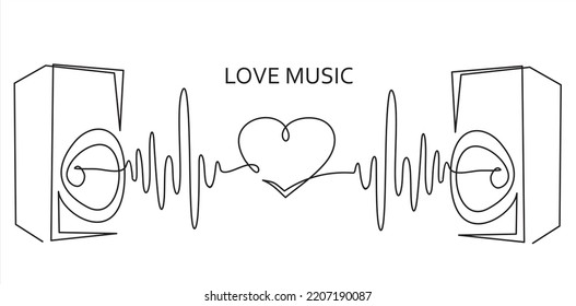 Continuous one line drawing of music column and heart as line drawing on white background. Vector