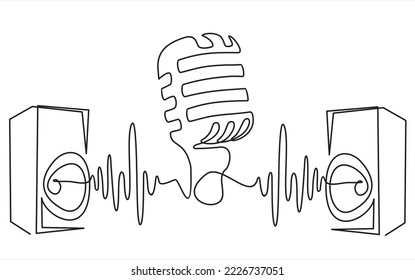 Continuous one line drawing of music column and retro microphone as line drawing on white background. Vector