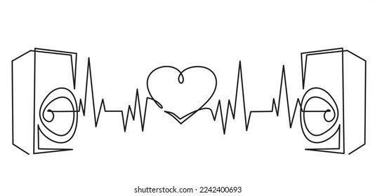 Dibujo continuo de una línea de columna musical y corazón como dibujo de línea sobre fondo blanco. Vector