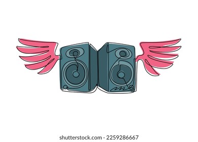 Continuous one line drawing music system speakers with wings icon logo. Musical equipment grunge image of speaker with wings flat design elements. Single line draw design vector graphic illustration
