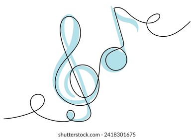Continuous one line drawing music notes. Musical symbols in one linear minimalist style. Vector outline sketch sound. Single line draw design graphic illustration.